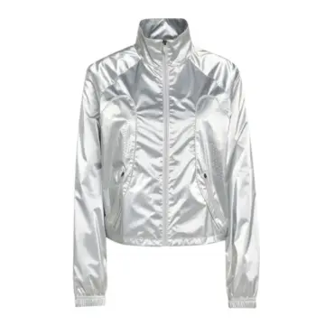 Metallic Silver Cropped Track Jacket with Zip Pockets