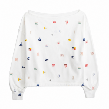 White Off-Shoulder Nautical Print Cropped Sweatshirt