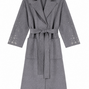 Grey Longline Wrap Coat with Embellished Sleeves
