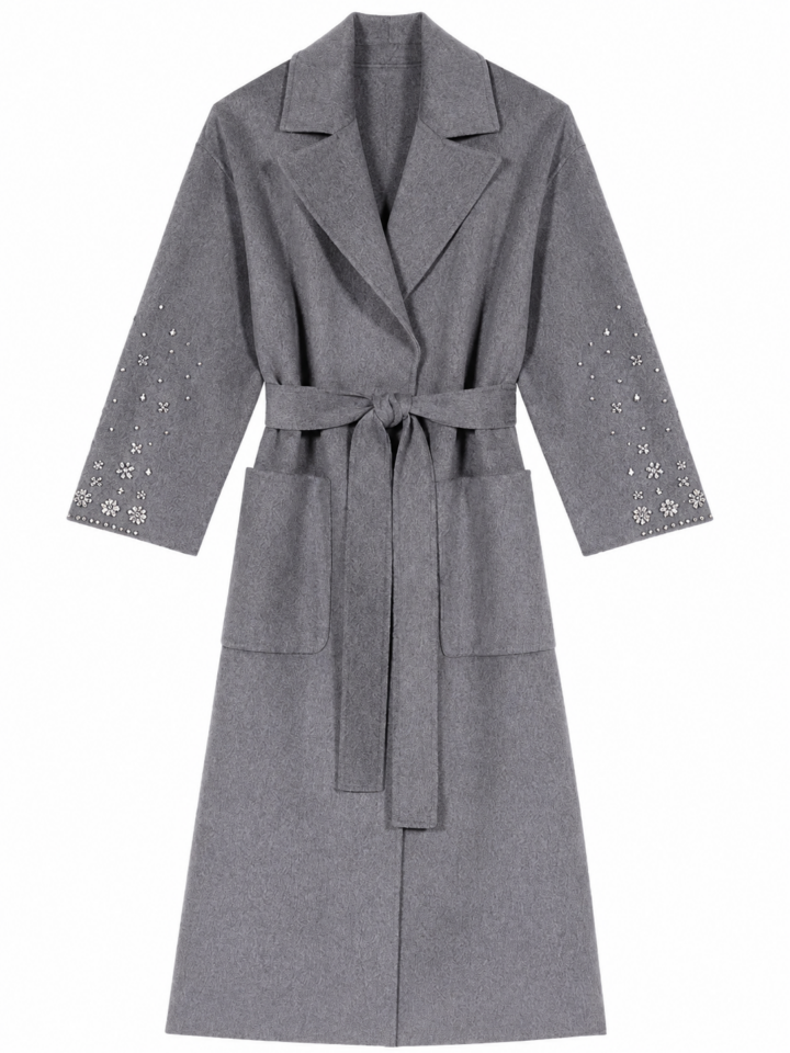 Grey Longline Wrap Coat with Embellished Sleeves