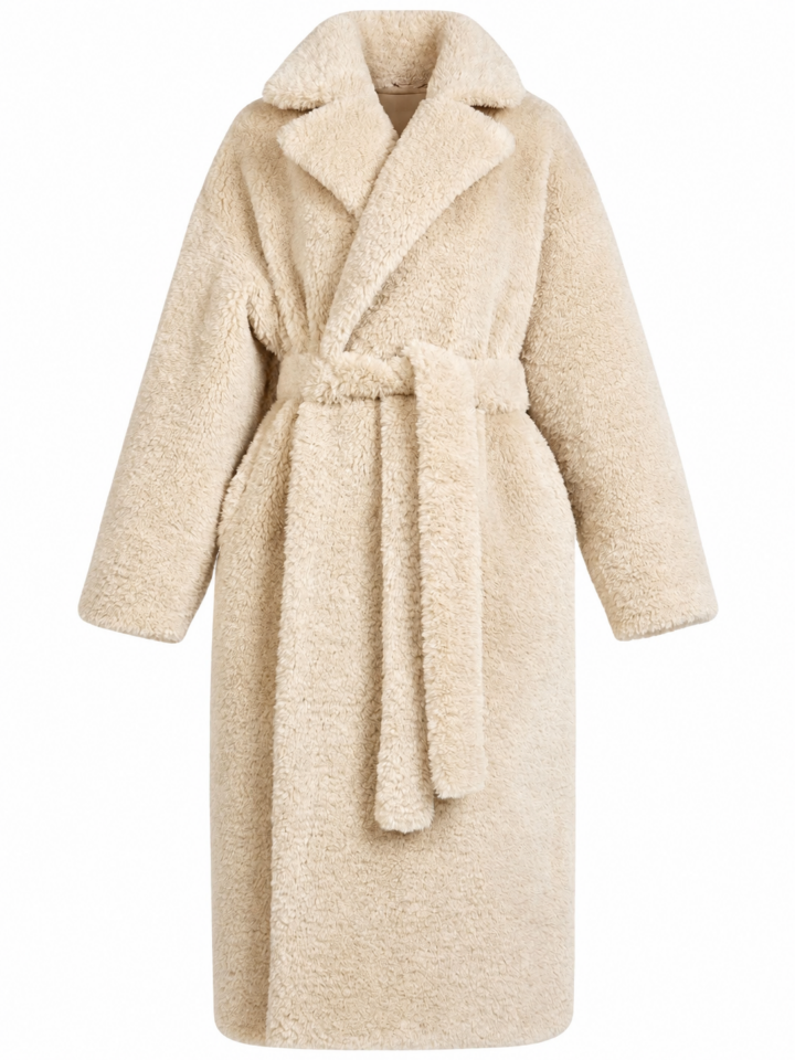 Cream Faux Fur Longline Wrap Coat