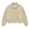 Beige Wool-Blend Varsity Jacket with Striped Ribbed Trim