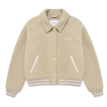 Beige Wool-Blend Varsity Jacket with Striped Ribbed Trim