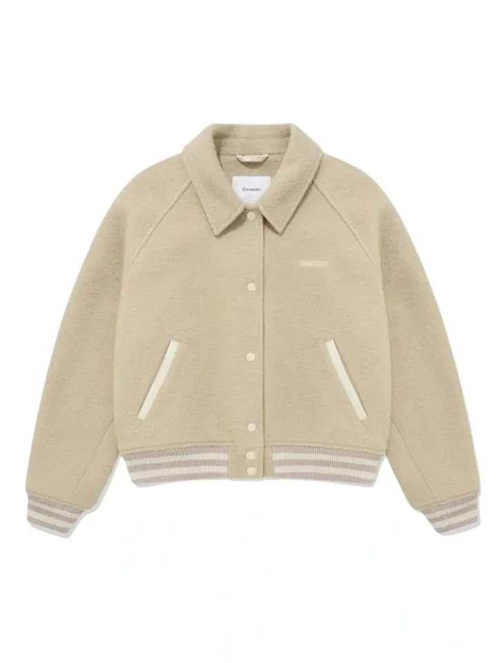 Beige Wool-Blend Varsity Jacket with Striped Ribbed Trim