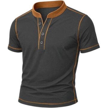 Dark Charcoal Contrast Collar Short Sleeve Henley Polo